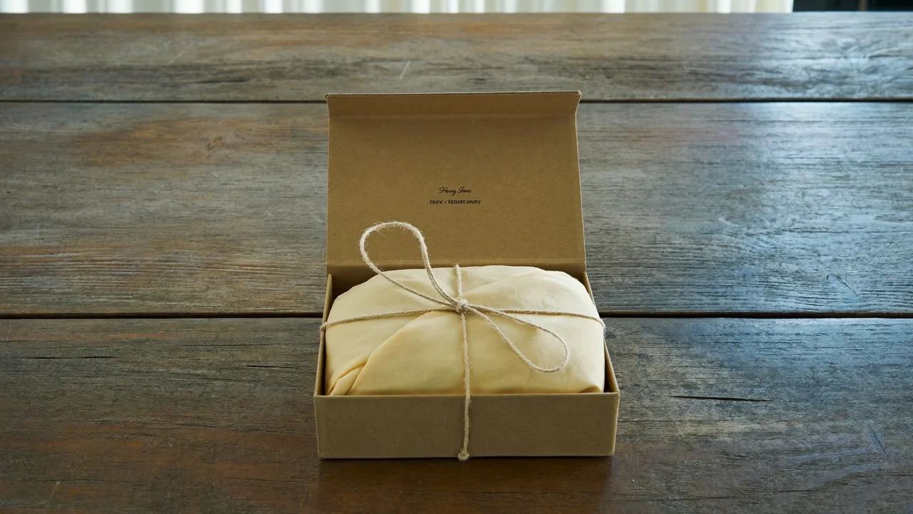 Geöffnete Geschenkbox aus Kraftpapier mit eingewickeltem Besteckset und Naturkordel